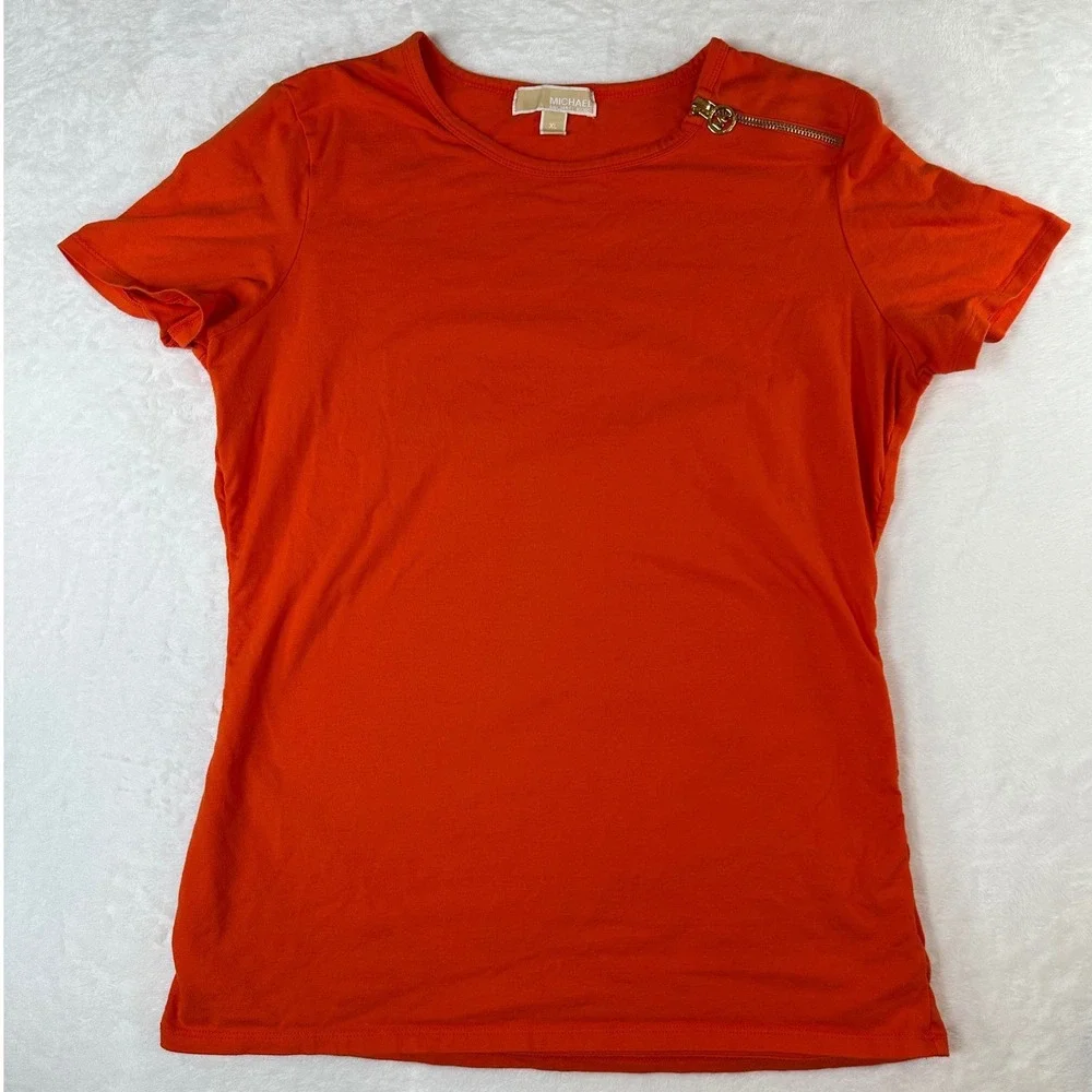 Michael Kors Orange Shoulder Zip Ruched Side T-Shirt XL